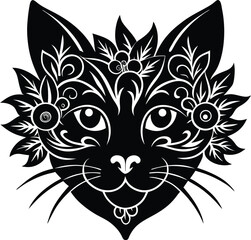 Fototapeta premium Elegant black cat face with floral ornamentation decorative design isolated on white background