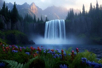 Naklejka premium Majestic Waterfall Cascading into a Serene Mountain Lake Surrounded by Vibrant Wildflowers