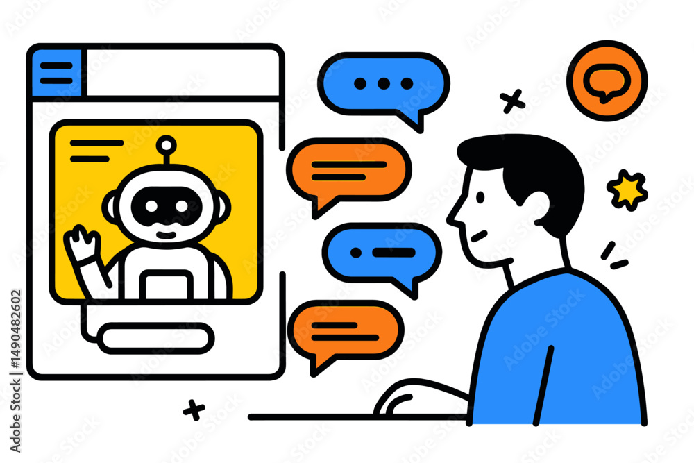 Poster Virtual interaction between a person and a friendly chatbot on a digital platform in a modern workspace