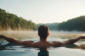 Man soaking in lake water experiencing nature serenity and calm