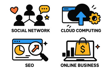 This vector illustration showcases four distinct digital concepts relevant to today's business world