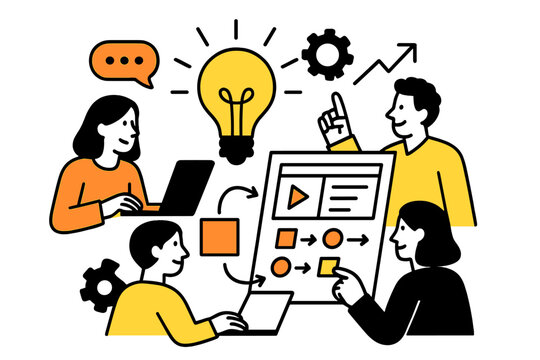 Team collaboration and brainstorming in a modern workspace with laptop, light bulb, and flowchart visuals