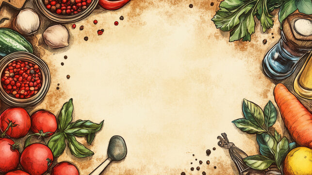 Delight in this vibrant recipe card design featuring retro food background, showcasing fresh vegetables, herbs, and spices that inspire culinary creativity