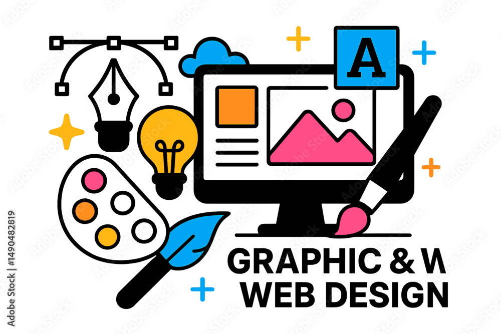 Poster creative workspace for graphic and web design featuring tools and vibrant colors in a modern vector 