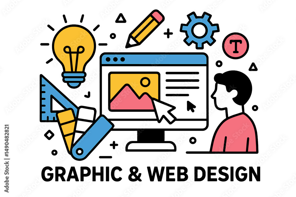Poster creative graphic and web design process illustrated with tools and elements