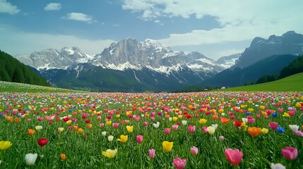 Fototapeta premium Vibrant Spring Meadow of Colorful Tulips Blooming Against Majestic Mountain Range