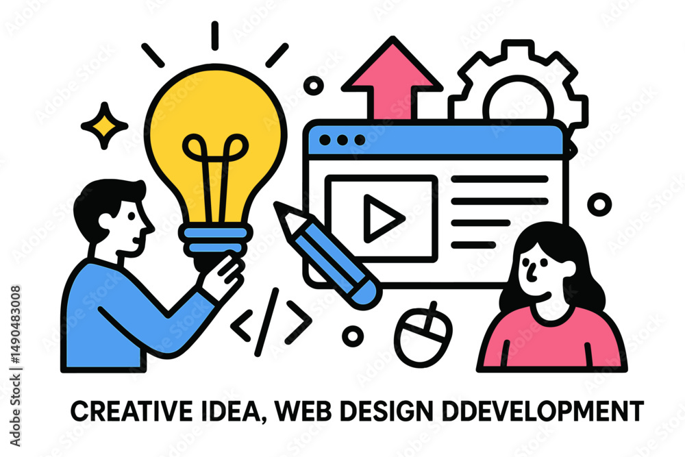Poster creative concept focusing on web design and development with an engaging light bulb and computer ill
