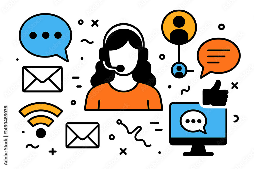 Poster vector illustration of a customer service representative surrounded by communication icons and digit