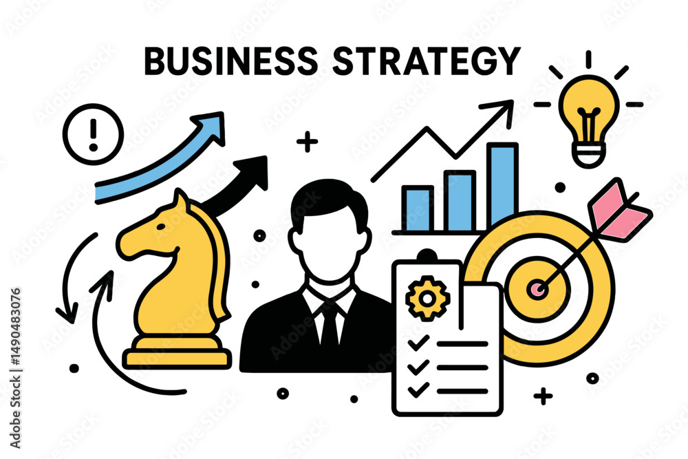 Poster business strategy concept with elements of planning and analysis for success in various fields and i