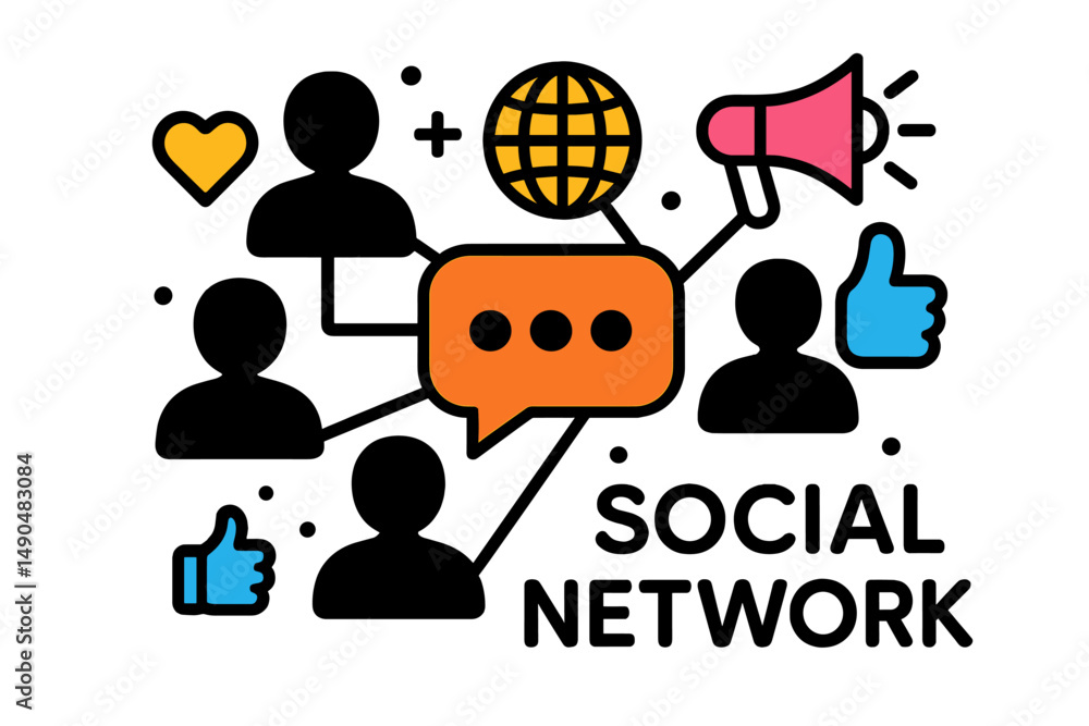 Poster engaging vector illustration of social network concepts with digital communication elements and user