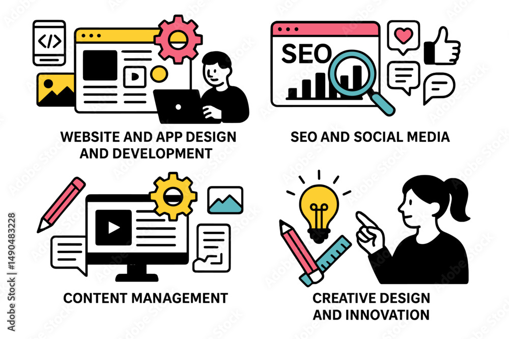 Poster website and app design along with seo social media and creative innovation illustrated in a colorful