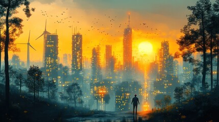 Fototapeta premium Sunset Cityscape: A Silhouette of Man at the Edge of a Futuristic Metropolis