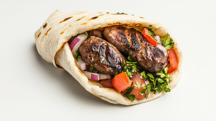 Grilled kofta kebab wrap with meat, fresh tomatoes, red onions and parsley in soft flatbread on white background.