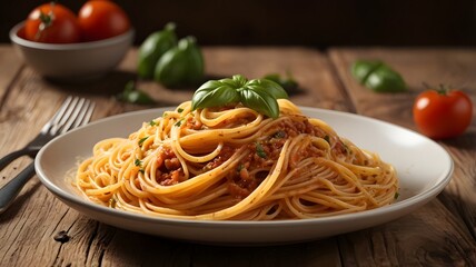 Close-up of Spaghetti with Ground Meat Sauce and Basi