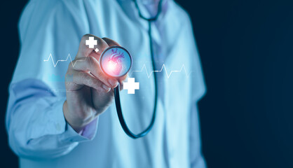 Cardiologist doctor hand using stethoscope examine patient heart functions and blood vessel. Medical tech and hospital care treatment for heart disease and vascular disorder preventive.