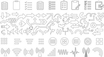 Outline icons of arrow, checklist, clipboard, wireless signal, and menu. essential UI elements, minimal line icons for web, app design, presentations, and infographic interfaces