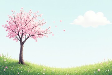 Naklejka premium Serene Springtime Scene Delicate Pink Blossoms on a Tree Gently Swaying in a Breezy Meadow Under a Soft Blue Sky with a Puffy White Cloud