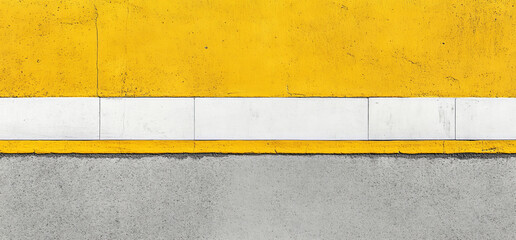 Fototapeta premium yellow wall with white stripe at bottom creates striking visual contrast against gray surface below. This evokes sense of modernity and simplicity