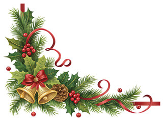 Festive christmas corner border featuring golden bells pine cones and red holiday decorations