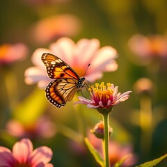 Fototapeta premium Butterfly landing on blooming flower under golden sunlight