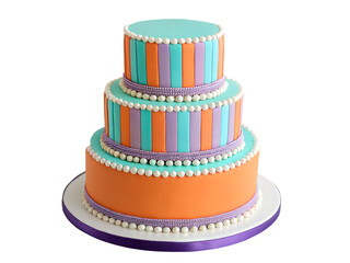 Three-tiered colorful birthday cake decorated with elegant stripes and pearl details