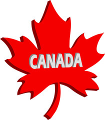 A bold red maple leaf graphic with the word 'CANADA' in white, capitalized letters across the center, symbolizing Canadian identity and pride