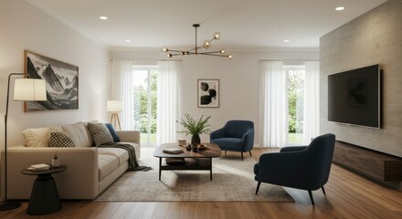 Modern living room with neutral color palette, featuring comfortable furniture and natural light