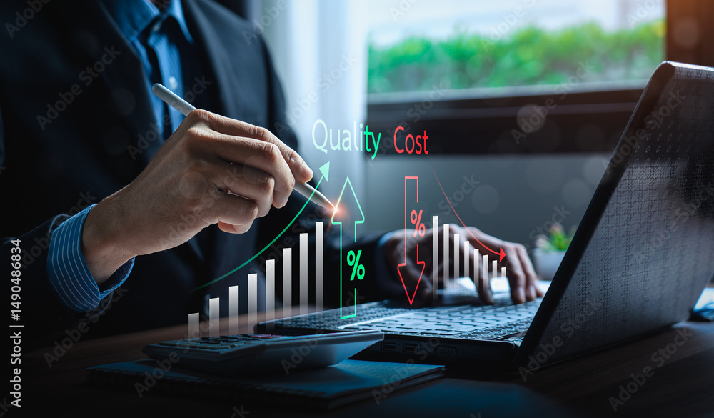 Poster business strategy concept for quality improvement and cost reduction with businessman analyzing bar 