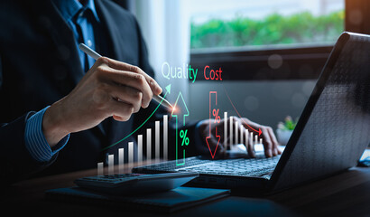 Business strategy concept for quality improvement and cost reduction with businessman analyzing bar chart data on laptop using stylus, boosting efficiency, value, profitability through smart planning