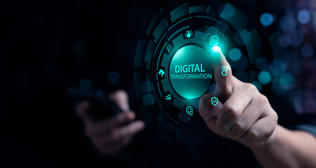 Digital transformation user interface concept with hand touching virtual AI, cloud computing, automation, data analytics, and futuristic technology icons for innovation and smart business development