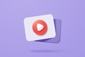 3d social media play video in background. Red round play button for start multimedia with colorful concept of video, audio playback. 3d media player button icon rendering vector illustration