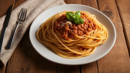 Spaghetti Bolognese with Basil and Parmesan on a White Plate