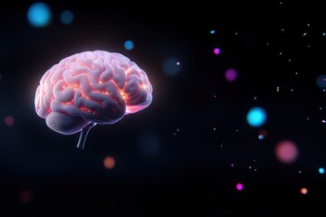 Stylized brain illustration on dark background with glowing dots medical science graphic