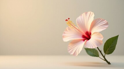 Obraz premium A Delicate Pink Hibiscus Flower with Soft Lighting and a Gentle Curve on a Light Background