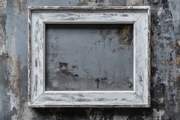 Naklejka premium Weathered white wood picture frame against a distressed gray wall, showing texture and age. The frame is rectangular and sits centrally