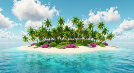 Lush Tropical Island Paradise with Palm Trees and Pink Flowers