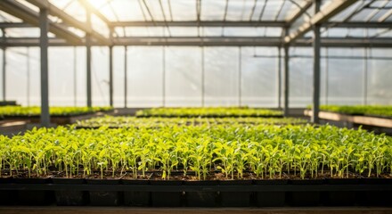 Young plants in a greenhouse, bright sunlight