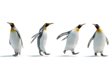 Fototapeta premium Standing penguins in two rows showcasing unique colors and patterns high-resolution wildlife portrait of black and white birds with orange markings isolated on white background
