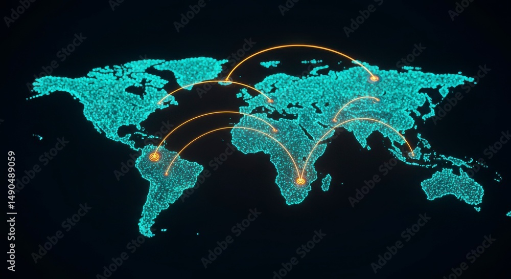 Poster global network connections visualized on a digital world map