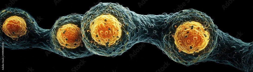 Poster microscopic view of cells in a chain, showing detailed structure with bright orange nuclei against a