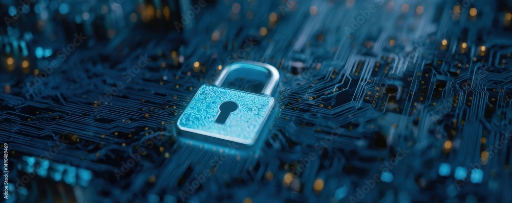 Poster a metallic padlock sits on a blue digital circuit board, symbolizing cybersecurity and data protecti