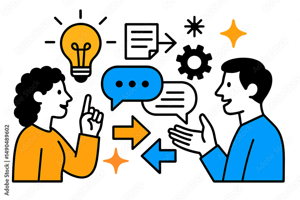 Poster engaging conversation and brainstorming between two individuals in a collaborative setting during a 