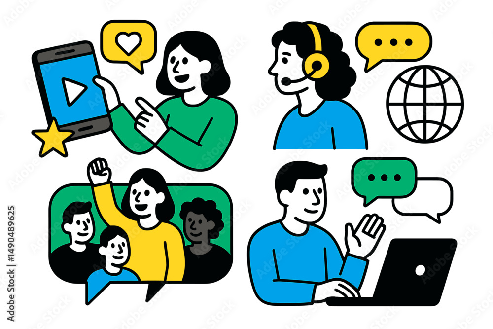 Poster digital communication and online interaction in a vibrant vector illustration featuring diverse char