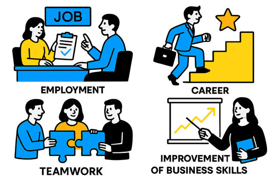 Vector illustration depicting employment, career development, teamwork, and business skills enhancement in a professional setting