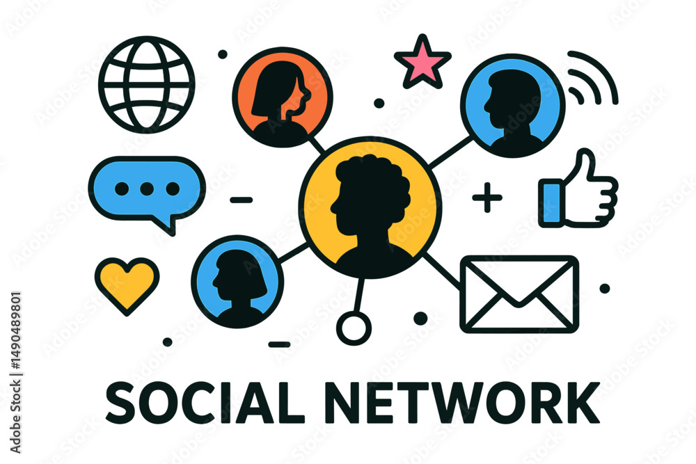 Poster creative vector illustration depicting social network concepts with diverse user profiles and commun