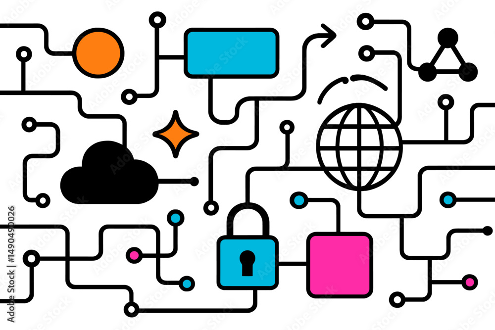 Poster colorful vector illustration of technology symbols interconnected by lines representing digital comm