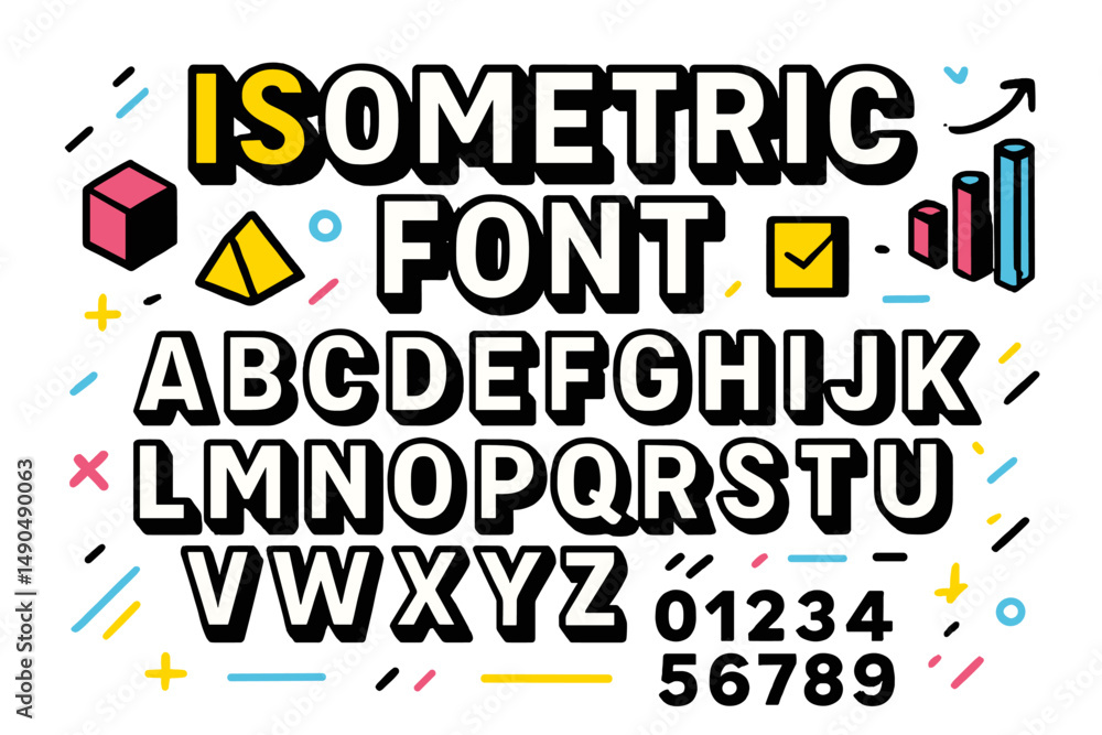 Aufkleber isometric font design featuring geometric shapes and bright colors suitable for modern graphics appl