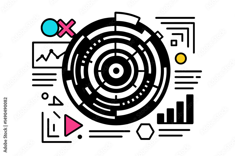 Poster vector illustration depicting abstract data visualization with geometric shapes and graphs
