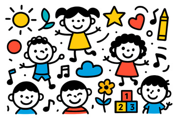 Playful vector illustration of happy children enjoying fun activities in a bright and cheerful environment with music and learning elements
