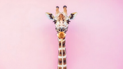 close up of giraffe head against solid pink background, showcasing its unique features and playful expression. vibrant colors create cheerful and whimsical atmosphere